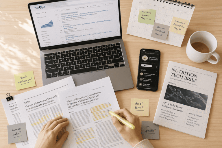 Desk showing PubMed, podcasts, events, tech updates, and functional nutrition source inputs
