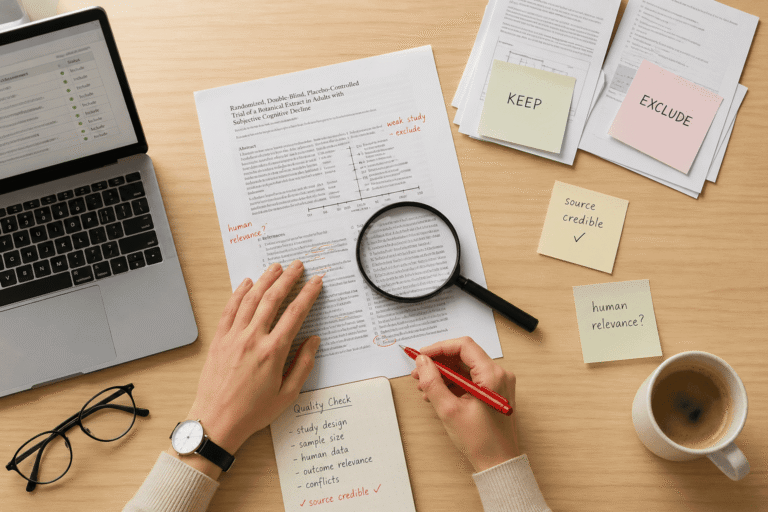 Research paper review with keep and exclude notes showing source verification and culling