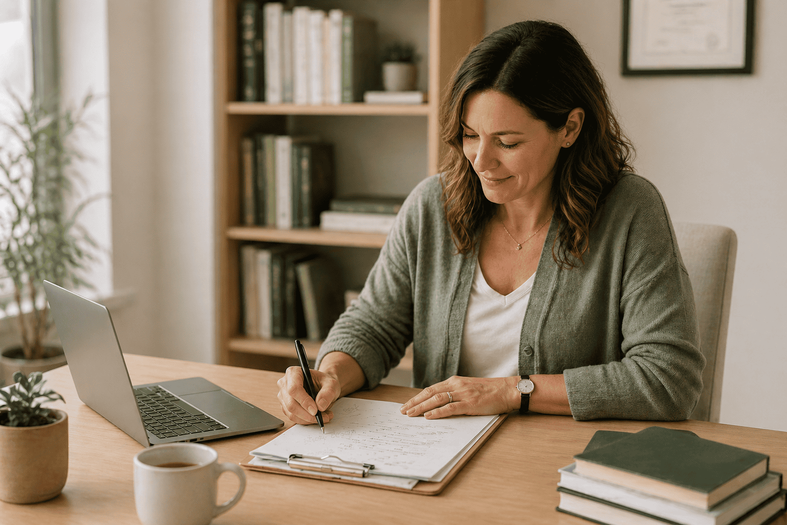 Nutrition practitioner writing clinical notes at a desk